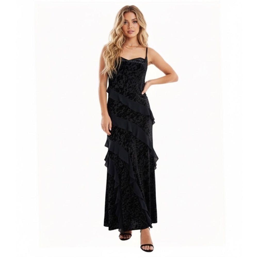 Nwt Ever New Piper Velvet Ruffle Maxi Dress 6 Black Sleeveless Gown Formal Party